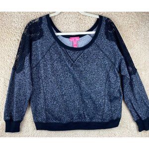 Mix & Co Womens Sz 1X Long Sleeve Heather Black Lace Shoulder Wide Neck Crop Top